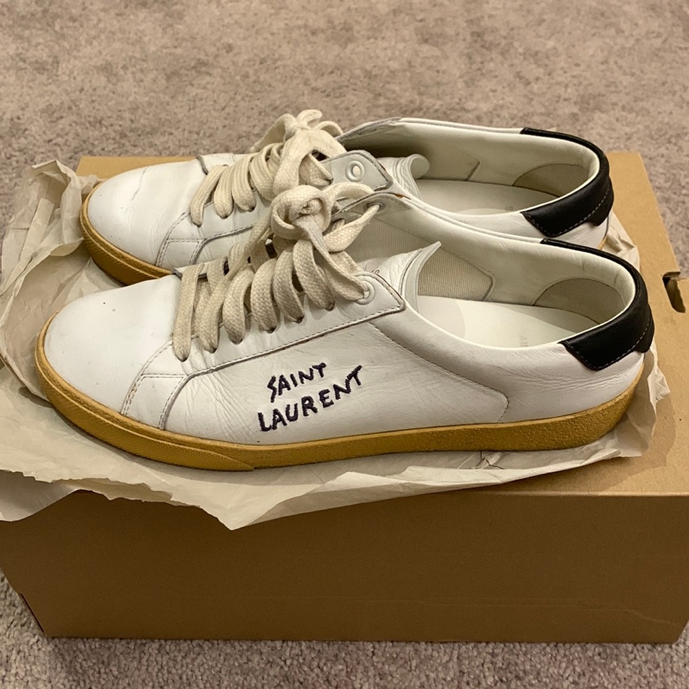 Saint Laurent Court Classic SL/06 Womens 39.5 US 9.5 Embroidered Sneakers White